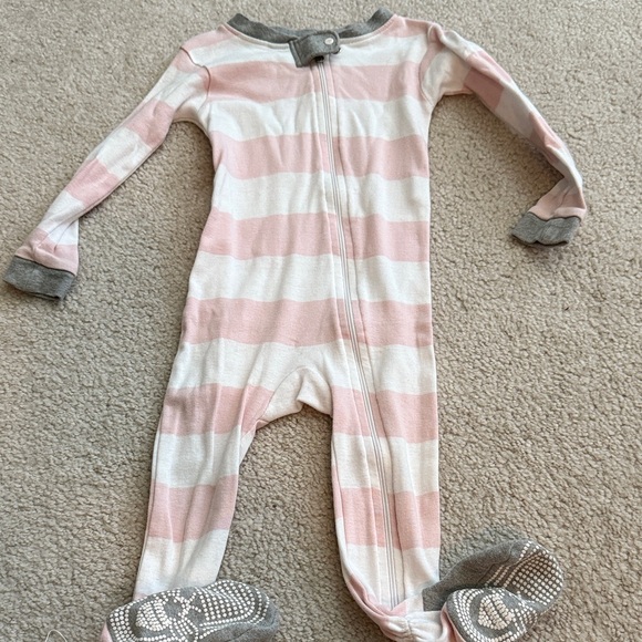 Burt's Bees Baby Pink and Gray Striped Footie - Picture 1 of 3